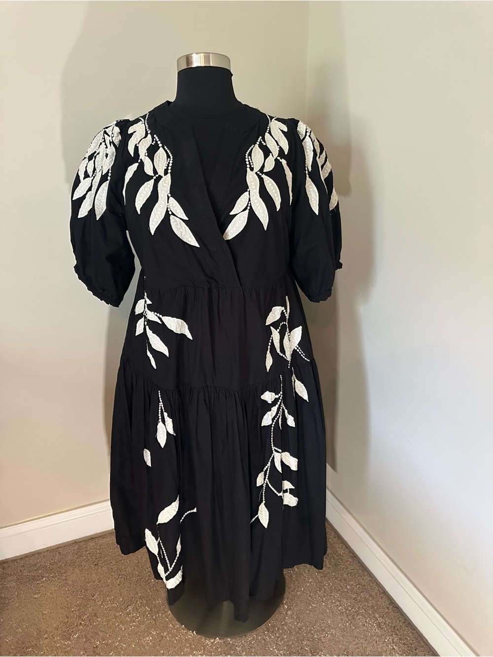 Anthropologie Black Dress with White Leaf Appliqué 2x